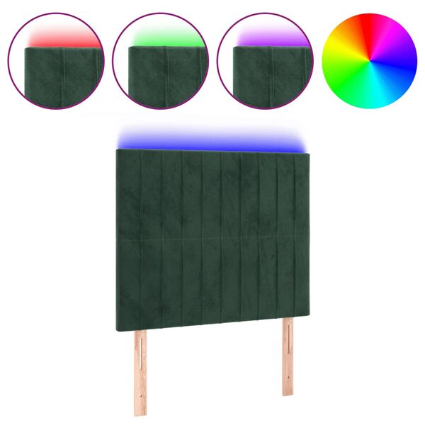 vidaXL Cabeceira de cama c/ LED veludo 100x5x118/128 cm verde-escuro