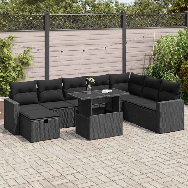 vidaXL 9 pcs conjunto de sof&aacute;s p/ jardim c/ almofad&otilde;es vime PE preto
