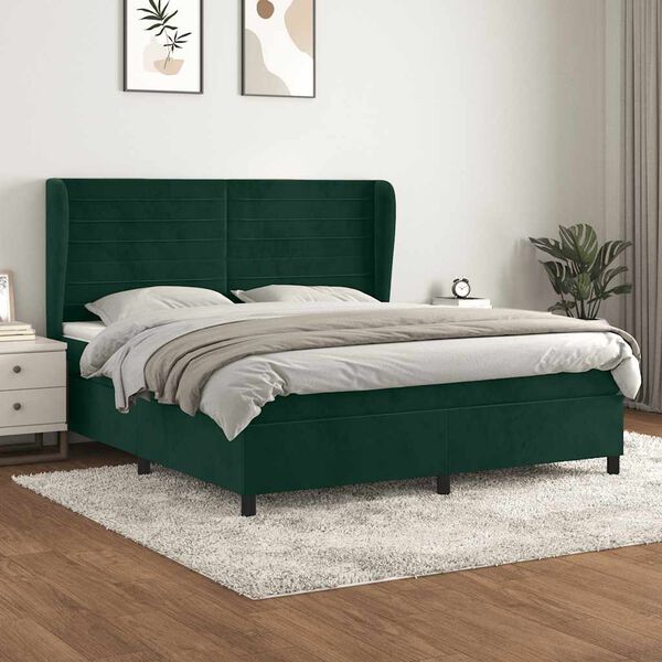 vidaXL Cama com molas/colch&atilde;o 160x200 cm veludo verde-escuro