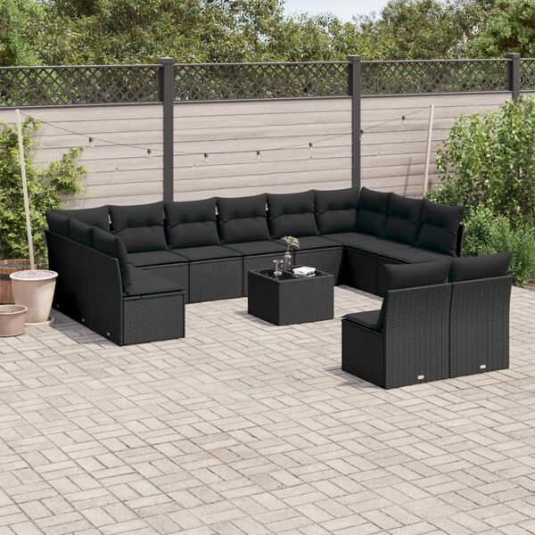 vidaXL 13 pcs conjunto de sof&aacute;s de jardim com almofad&otilde;es vime PE preto