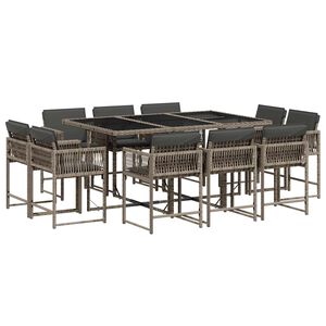 vidaXL 11 pcs conjunto jantar p/ jardim c/ almofad&otilde;es vime PE cinzento