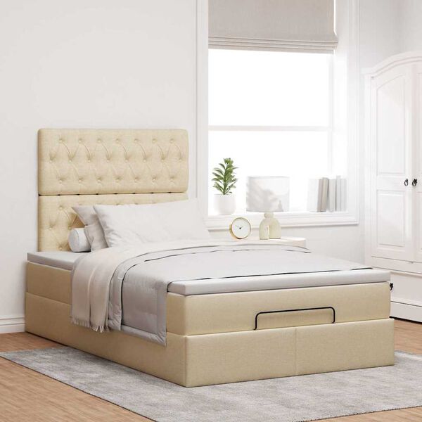 vidaXL Estrutura de cama otomana com colch&atilde;o 120x190 cm tecido creme