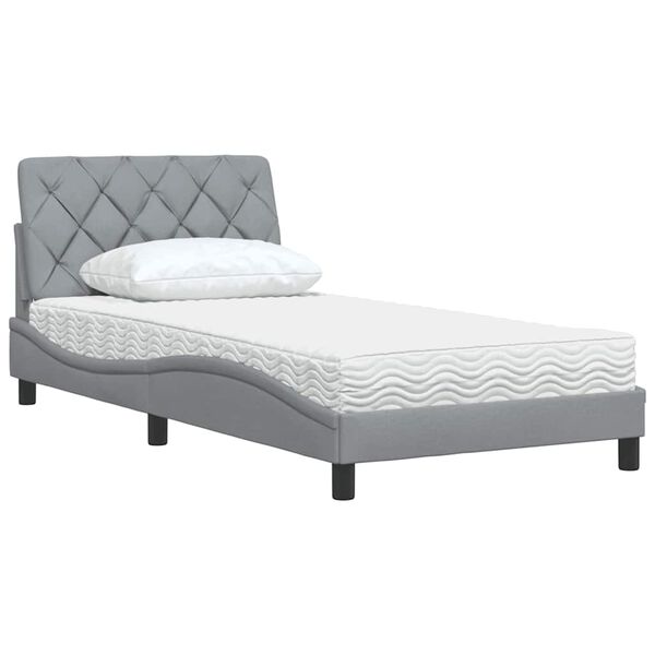 vidaXL Cama com colchão 100x200 cm tecido cinzento-claro