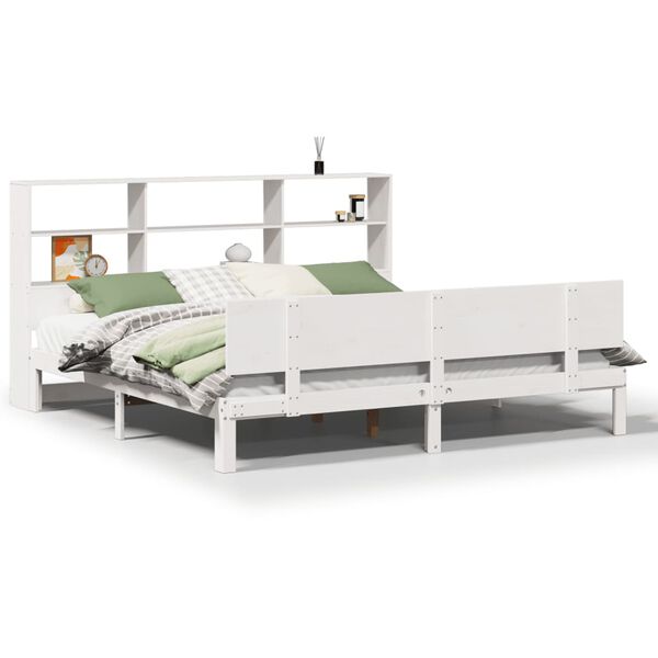 vidaXL Cama com estante sem colch&atilde;o 180x200 cm pinho maci&ccedil;o branco