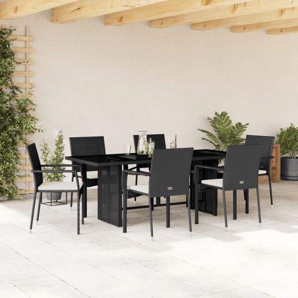vidaXL 7 pcs conjunto de jantar p/ jardim c/ almofad&otilde;es vime PE preto