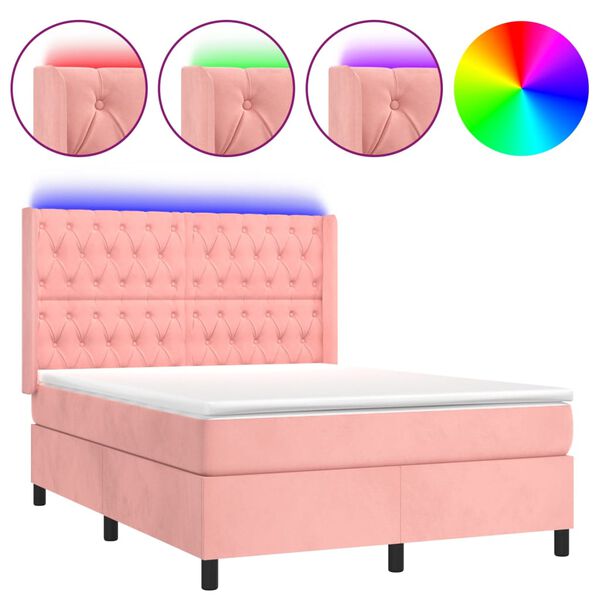 vidaXL Cama box spring c/ colch&atilde;o/LED 140x190 cm veludo rosa