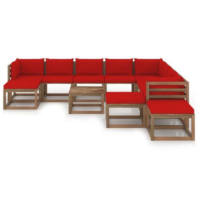 vidaXL 12 pcs conjunto lounge para jardim com almofadões vermelhos