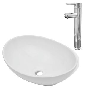 vidaXL Lavat&oacute;rio com torneira misturadora cer&acirc;mica oval branco