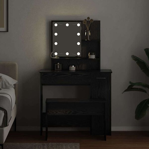 vidaXL Conjunto de Mesa de Maquiagem com LED 2 pcs Carvalho Preto