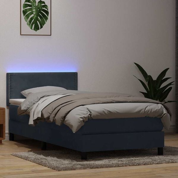 vidaXL Cama box spring c/ colch&atilde;o e LED 90x220 cm veludo cinzento-escuro