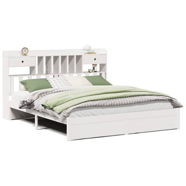 vidaXL Cama com estante sem colch&atilde;o 200x200 cm pinho maci&ccedil;o branco
