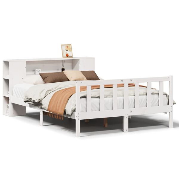vidaXL Cama com estante sem colchão 120x190 cm pinho maciço branco