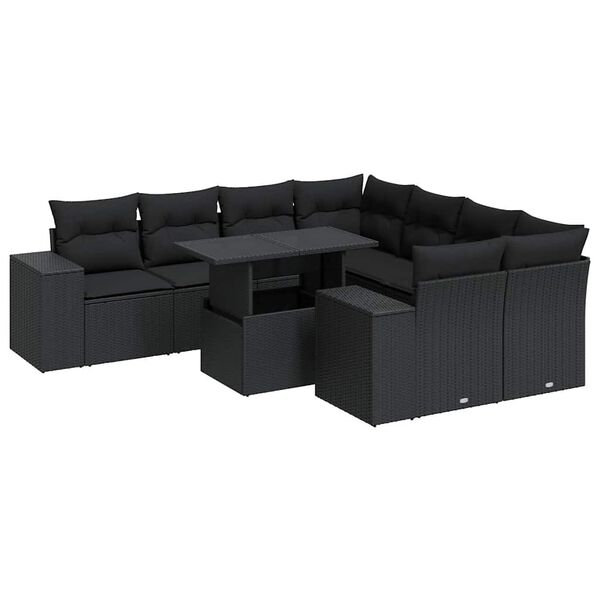 vidaXL 9 pcs conjunto de sof&aacute;s p/ jardim c/ almofad&otilde;es vime PE preto