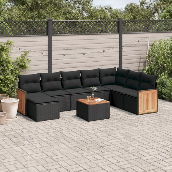 vidaXL 9 pcs conjunto de sof&aacute;s p/ jardim c/ almofad&otilde;es vime PE preto