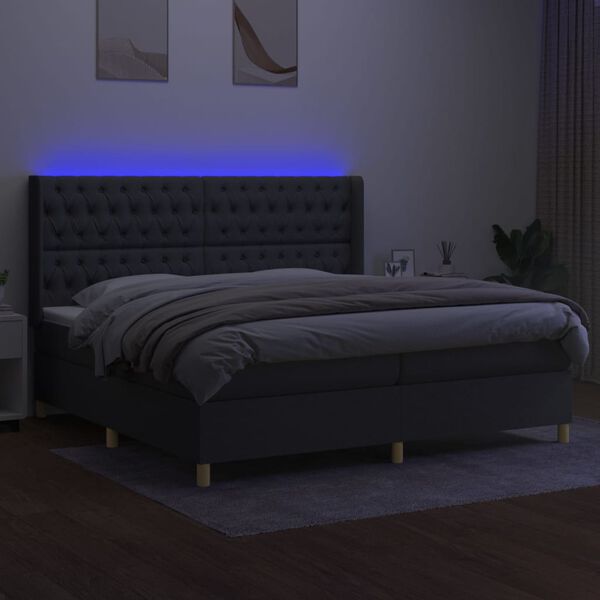 vidaXL Cama box spring c/ colch&atilde;o e LED 200x200 cm tecido cinza-escuro