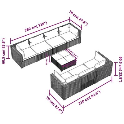 vidaXL 8 pcs conjunto lounge de jardim c/ almofadões vime PE cinzento