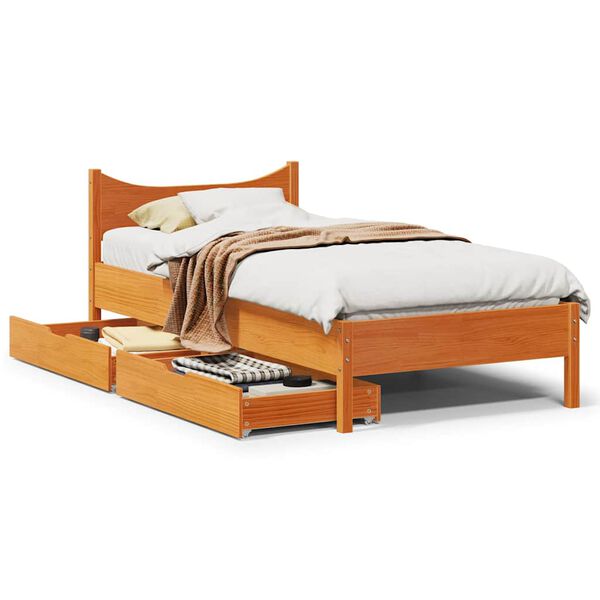 vidaXL Estrutura de cama c/ gavetas 75x190cm pinho maci&ccedil;o castanho-mel