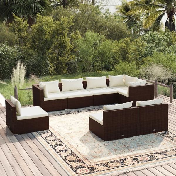 vidaXL 8 pcs conjunto lounge jardim c/ almofad&otilde;es vime PE castanho
