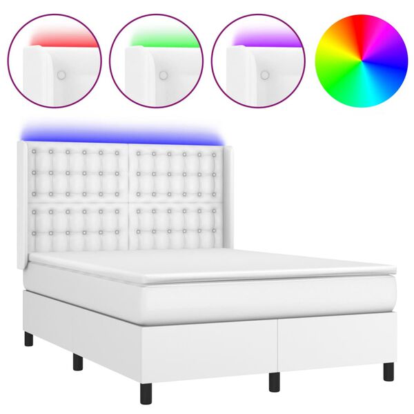 vidaXL Cama box spring c/colch&atilde;o/LED 140x190cm couro artificial branco