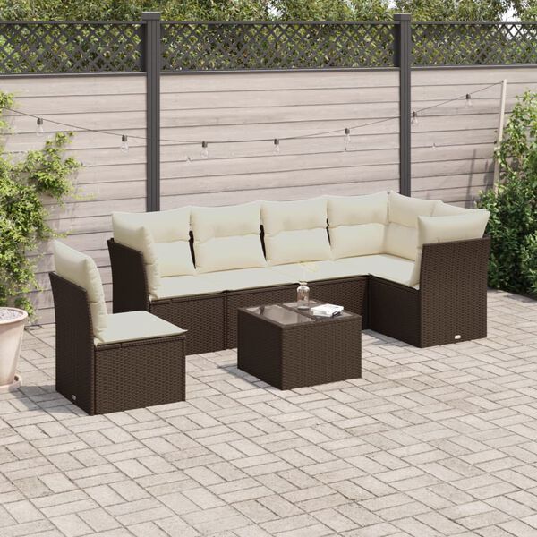 vidaXL 7 pcs conjunto de sof&aacute;s jardim c/ almofad&otilde;es vime PE castanho
