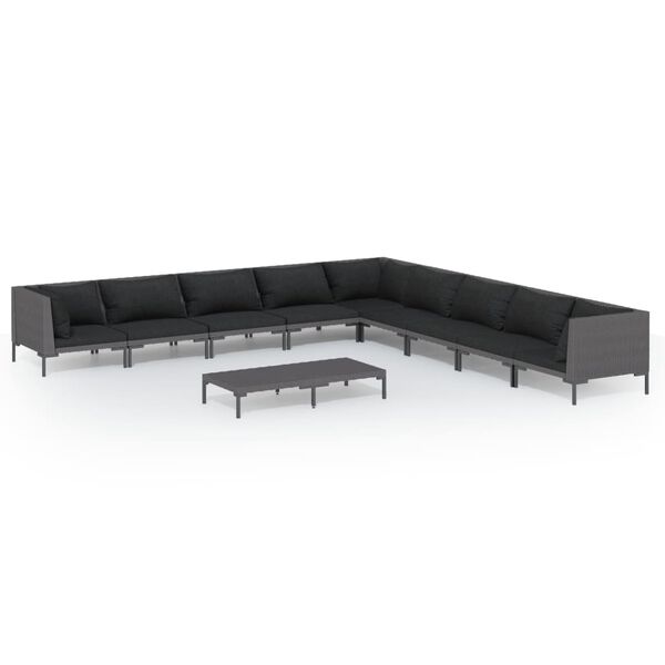 vidaXL 10 pcs conj. lounge jardim c/ almofadões vime PE cinza-escuro