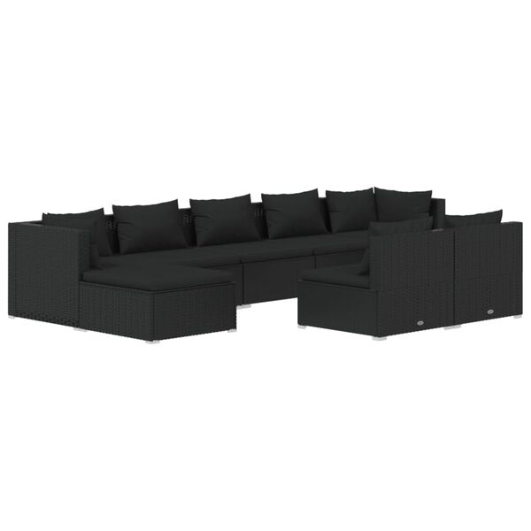 vidaXL 9 pcs conjunto lounge de jardim c/ almofadões vime PE preto