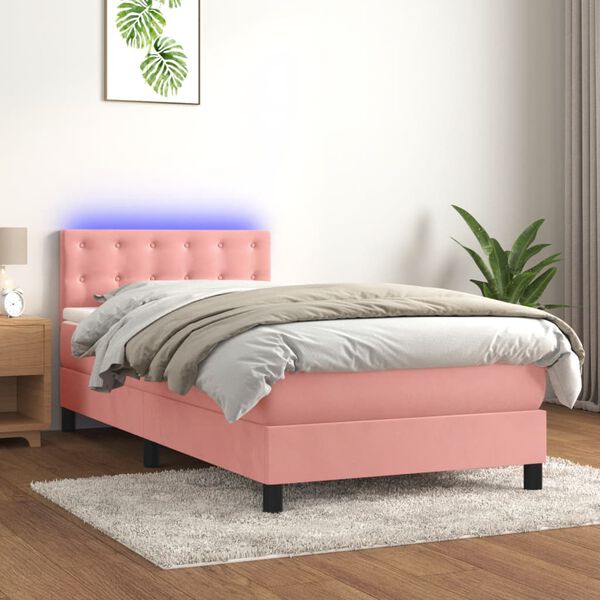 vidaXL Cama box spring c/ colch&atilde;o/LED 100x200 cm veludo rosa