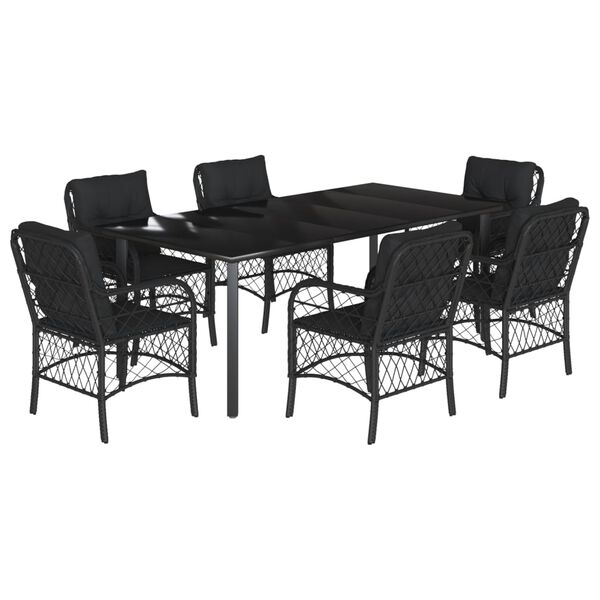 vidaXL 7 pcs conjunto de jantar p/ jardim c/ almofad&otilde;es vime PE preto