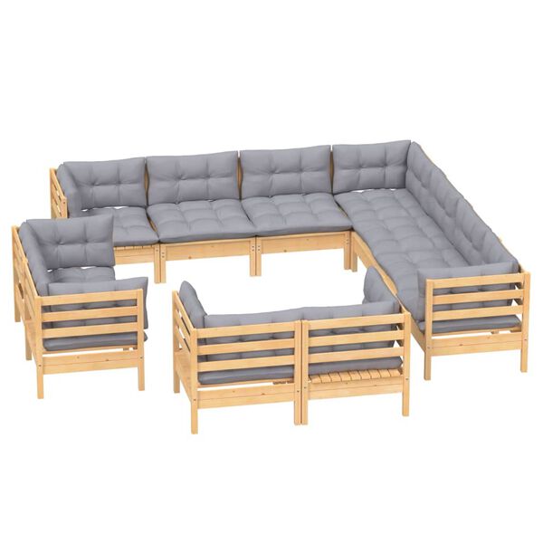 vidaXL 11pcs conjunto lounge de jardim + almofad&otilde;es cinza pinho maci&ccedil;o