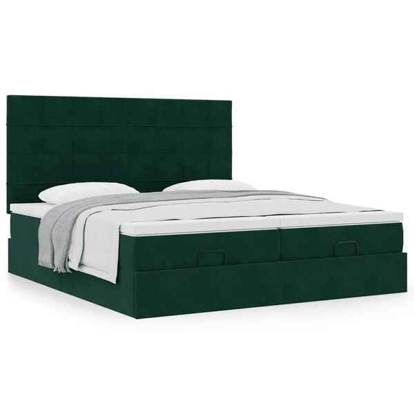 vidaXL Estrutura de cama otomana com colch&atilde;o verde escuro veludo