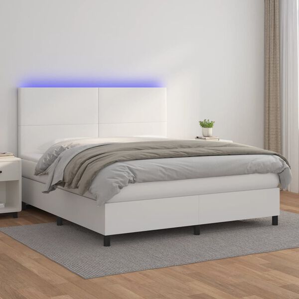 vidaXL Cama box spring c/colch&atilde;o/LED 180x200cm couro artificial branco