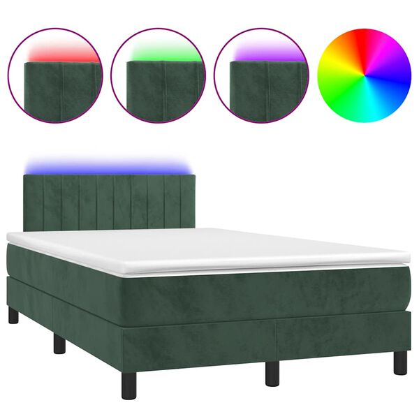 vidaXL Cama box spring com colch&atilde;o e luzes LED veludo verde-escuro