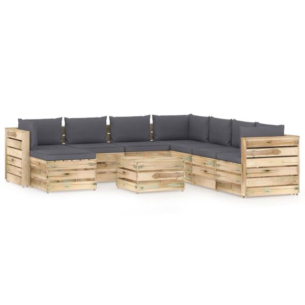 vidaXL 9 pcs conj. lounge jardim c/ almofad&otilde;es madeira impreg. verde