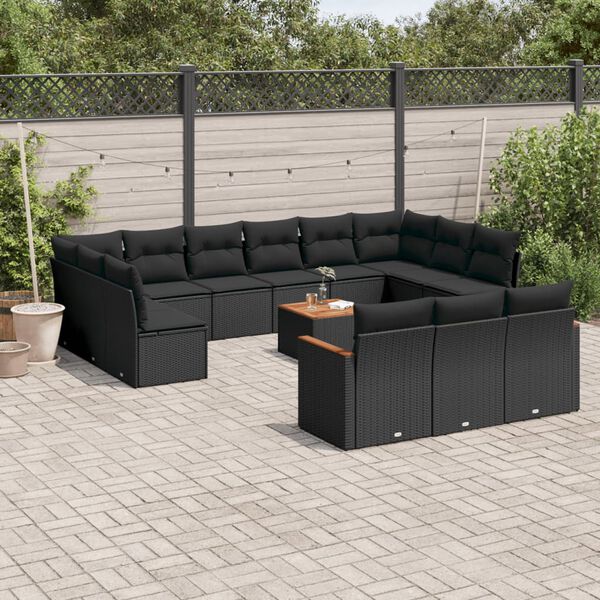 vidaXL 14 pcs conjunto de sof&aacute;s p/ jardim c/ almofad&otilde;es vime PE preto