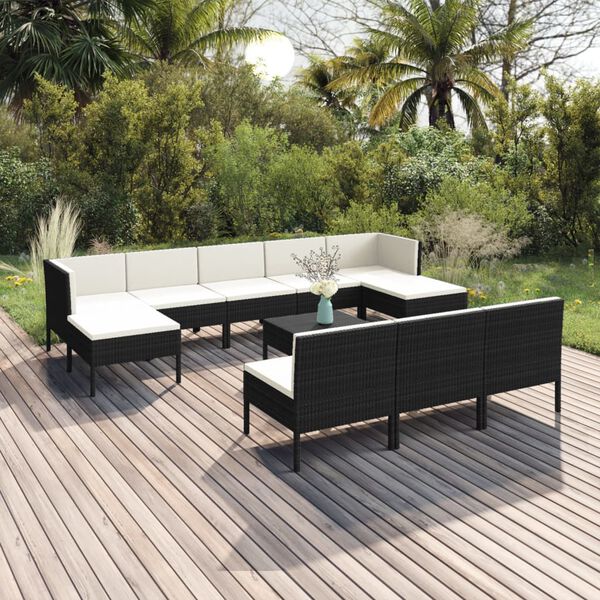 vidaXL 11 pcs conjunto lounge de jardim c/ almofadões vime PE preto