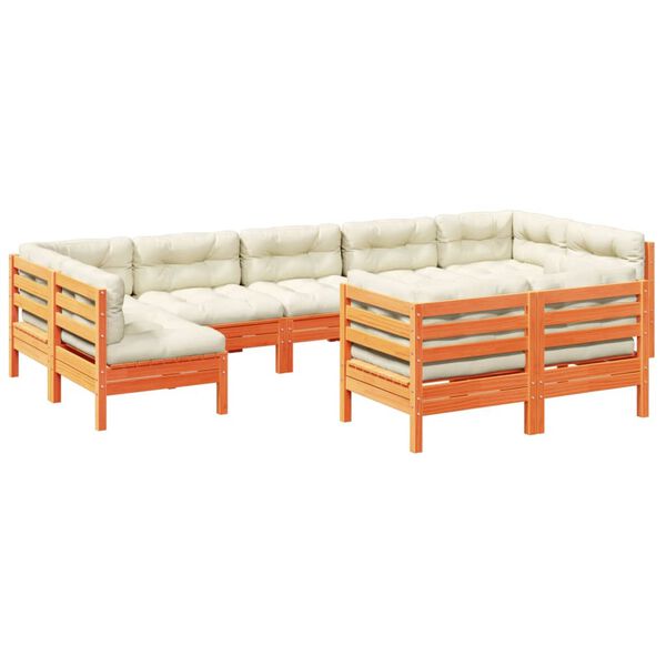 vidaXL 9pcs conj. sof&aacute;s jardim c/ almofad&otilde;es pinho maci&ccedil;o castanho mel