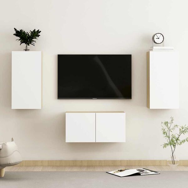 vidaXL 3 pcs conj. m&oacute;veis de TV contraplacado branco e carvalho sonoma