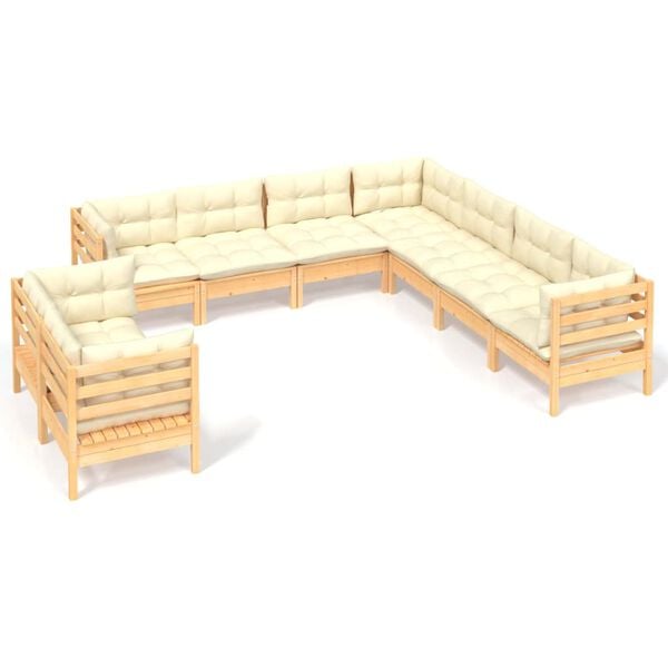 vidaXL 9 pcs conjunto lounge jardim c/ almofad&otilde;es creme pinho maci&ccedil;o