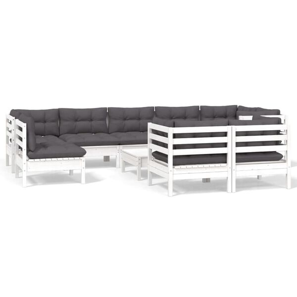 vidaXL 10 pcs conj. lounge de jardim c/ almofad&otilde;es pinho maci&ccedil;o branco