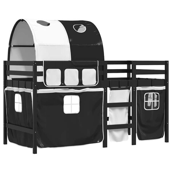 vidaXL Cama alta crian&ccedil;a c/ t&uacute;nel 90x190 cm pinho maci&ccedil;o branco/preto