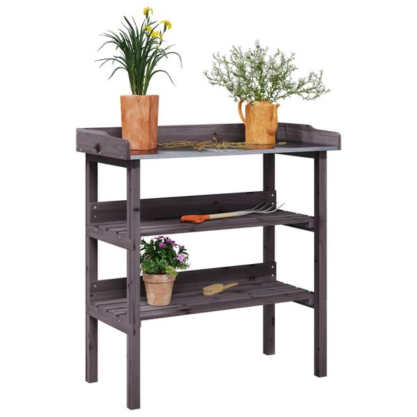 vidaXL Mesa p/ plantas c/ prateleiras 78x38x82,5 cm abeto maciço cinza