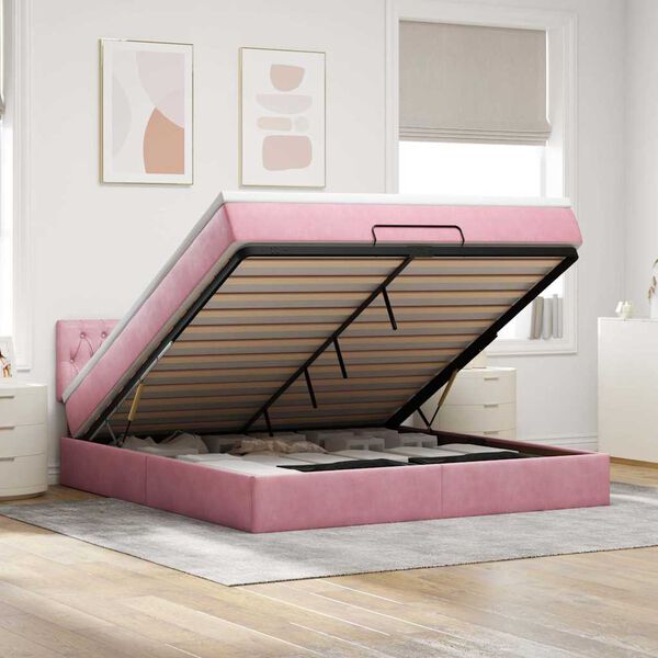 vidaXL Estrutura de cama otomana com colch&atilde;o 160x200 cm veludo rosa