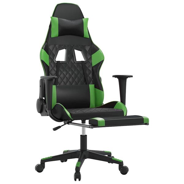 vidaXL Cadeira gaming massagens c/ apoio p&eacute;s couro artif. preto/verde