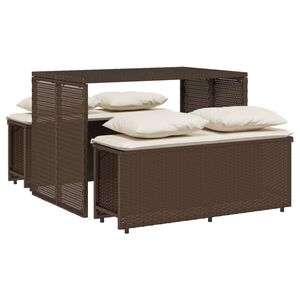 vidaXL 3 pcs conjunto jantar p/ jardim c/ almofad&otilde;es vime PE castanho