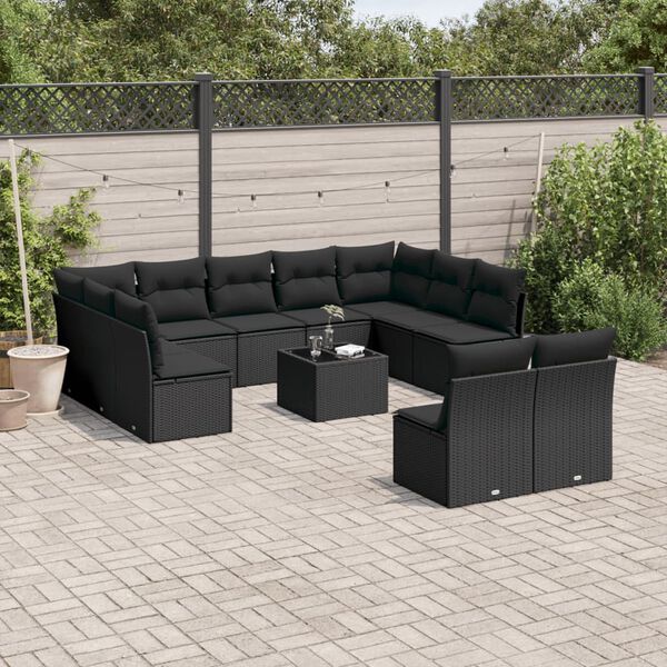 vidaXL 12 pcs conjunto de sof&aacute;s de jardim c/ almofad&otilde;es vime PE preto