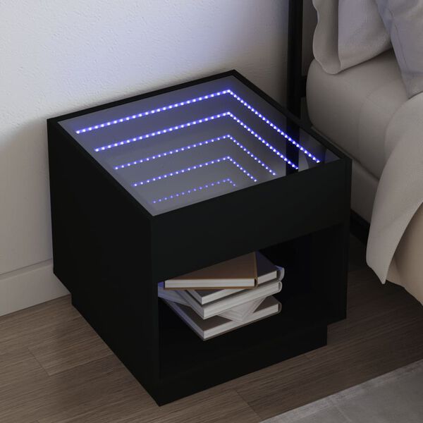 vidaXL Mesa de cabeceira com luzes LED Infinity 50x50x50 cm preto