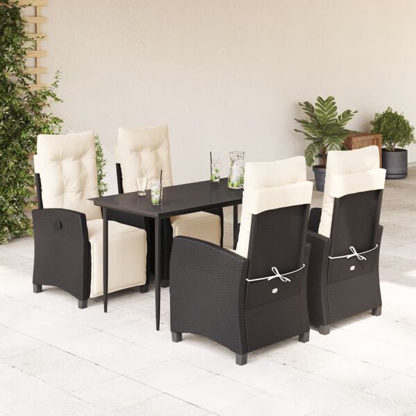 vidaXL 5 pcs conjunto de jantar p/ jardim c/ almofad&otilde;es vime PE preto