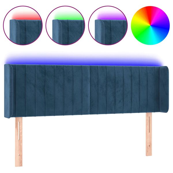 vidaXL Cabeceira cama c/ luzes LED veludo 147x16x78/88 cm azul-escuro