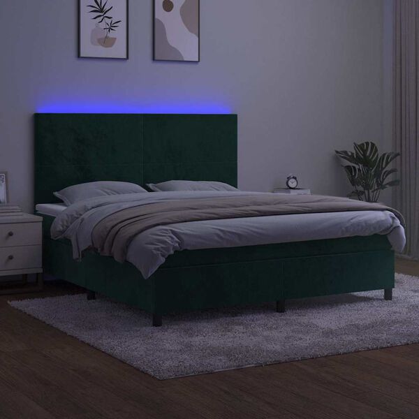 vidaXL Cama box spring c/ colch&atilde;o/LED 160x200 cm veludo verde-escuro