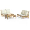 vidaXL 3 pcs conjunto lounge de jardim bambu c/ almofad&otilde;es branco nata